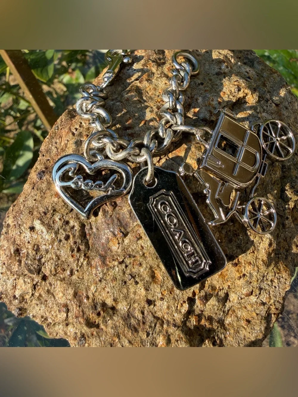 COACH Vintage Silver-Tone Horse & Carriage Multi-Charm Chain Keychain Bag Charm